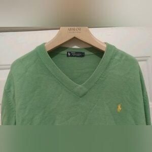 POLO RALPH LAUREN MEN'S GREEN CASHMERE V-NECK SWEATER YELLOW PONY  SIZE L